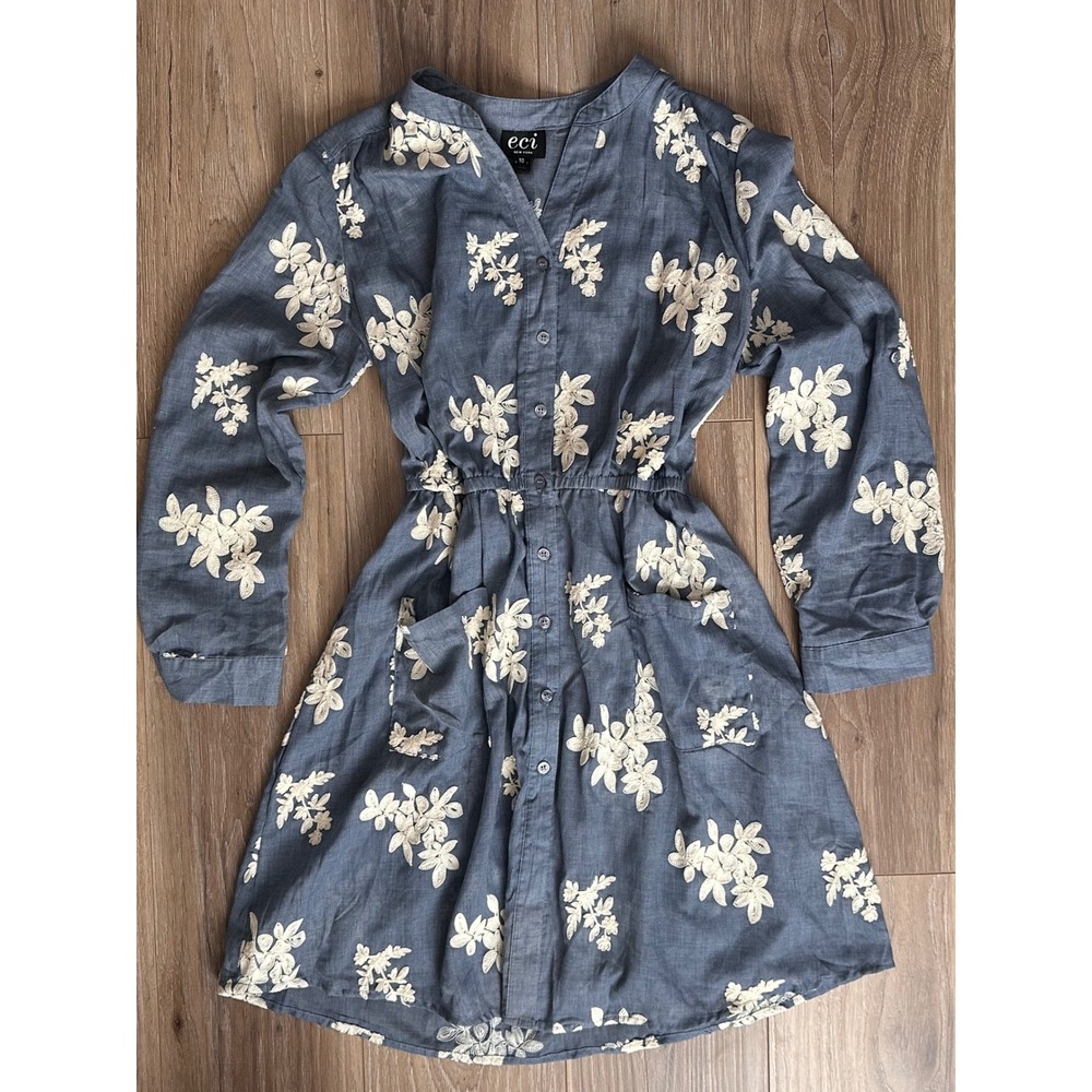 ECI New York Blue Floral Embroidered Button Front Dress Size 10 Boho Cottagecore
